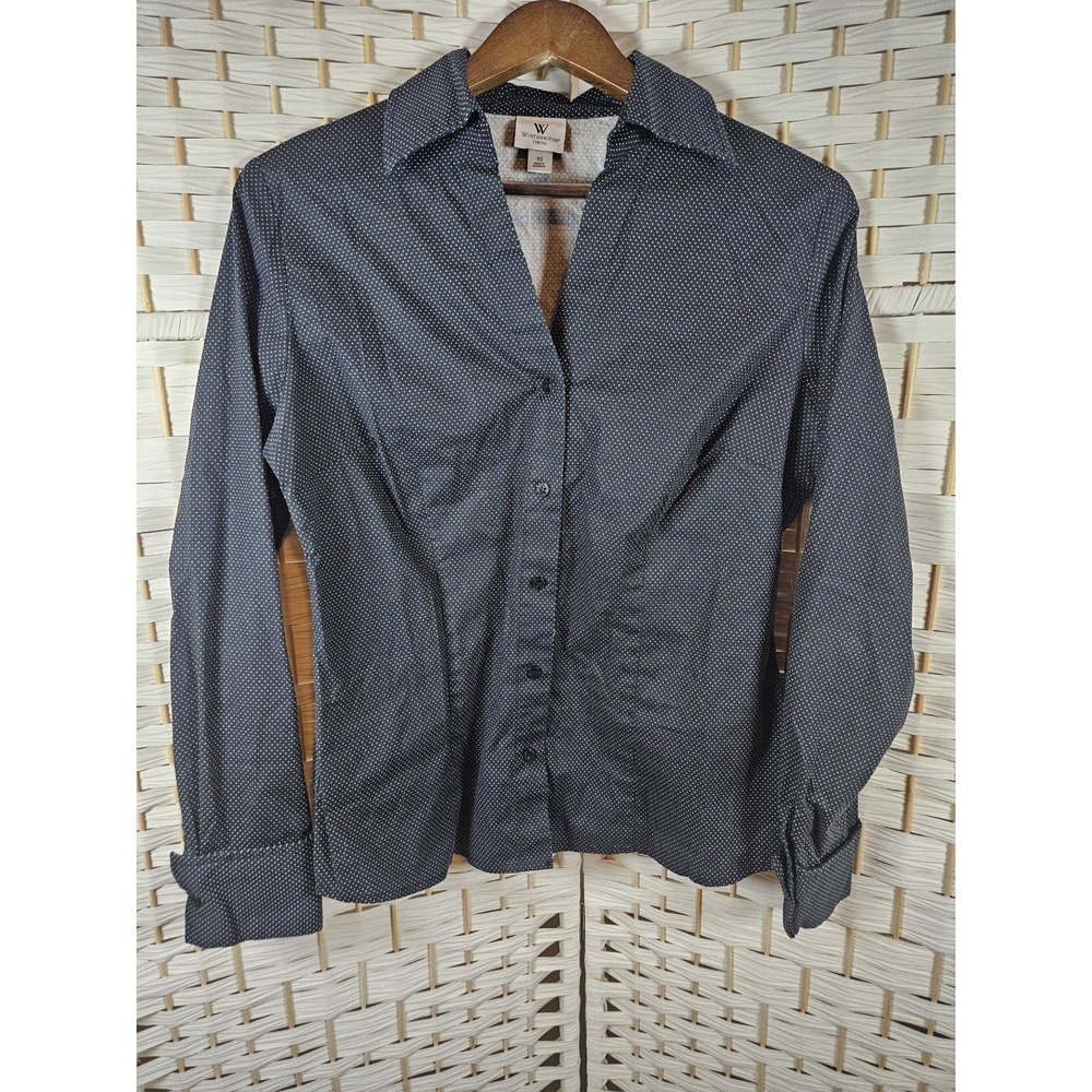 Worthington Womens Button Up Blue Polka Dot Shirt Sz 10 Work Career Preppy